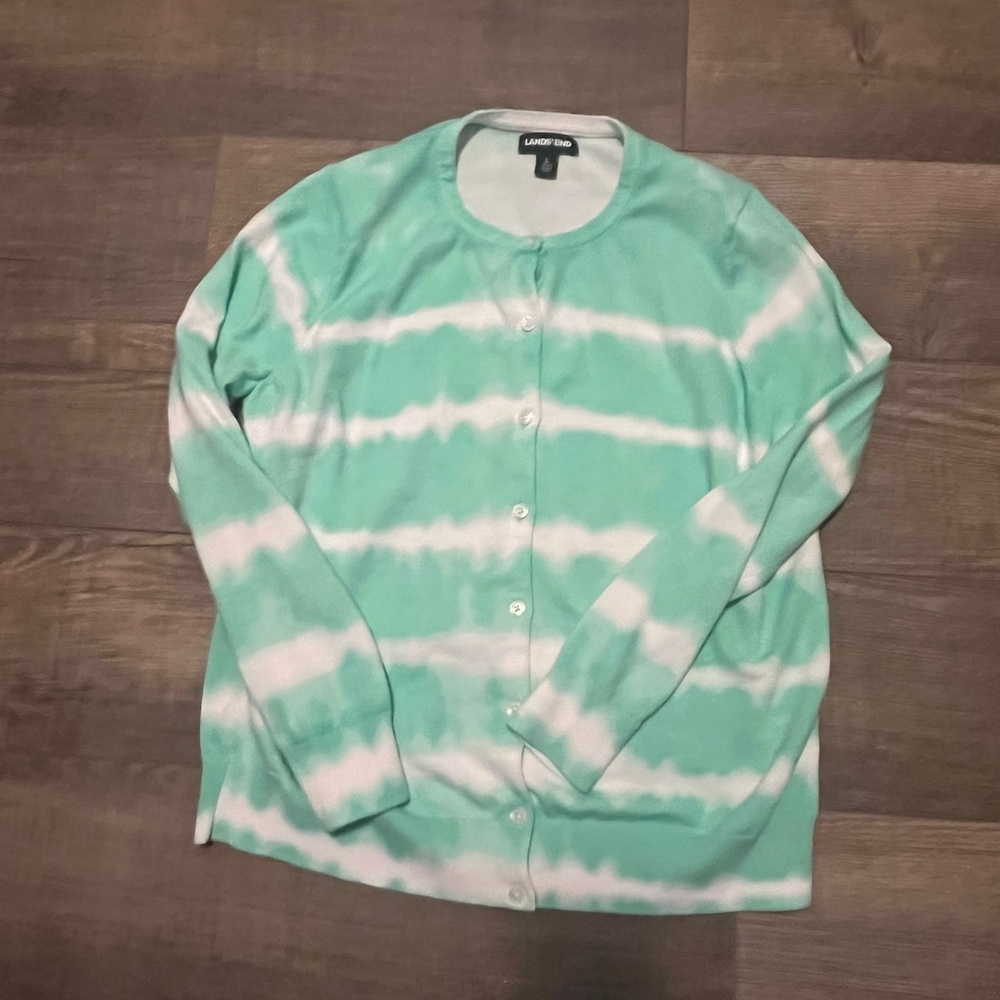 Lands' End Mint and White Cardigan
